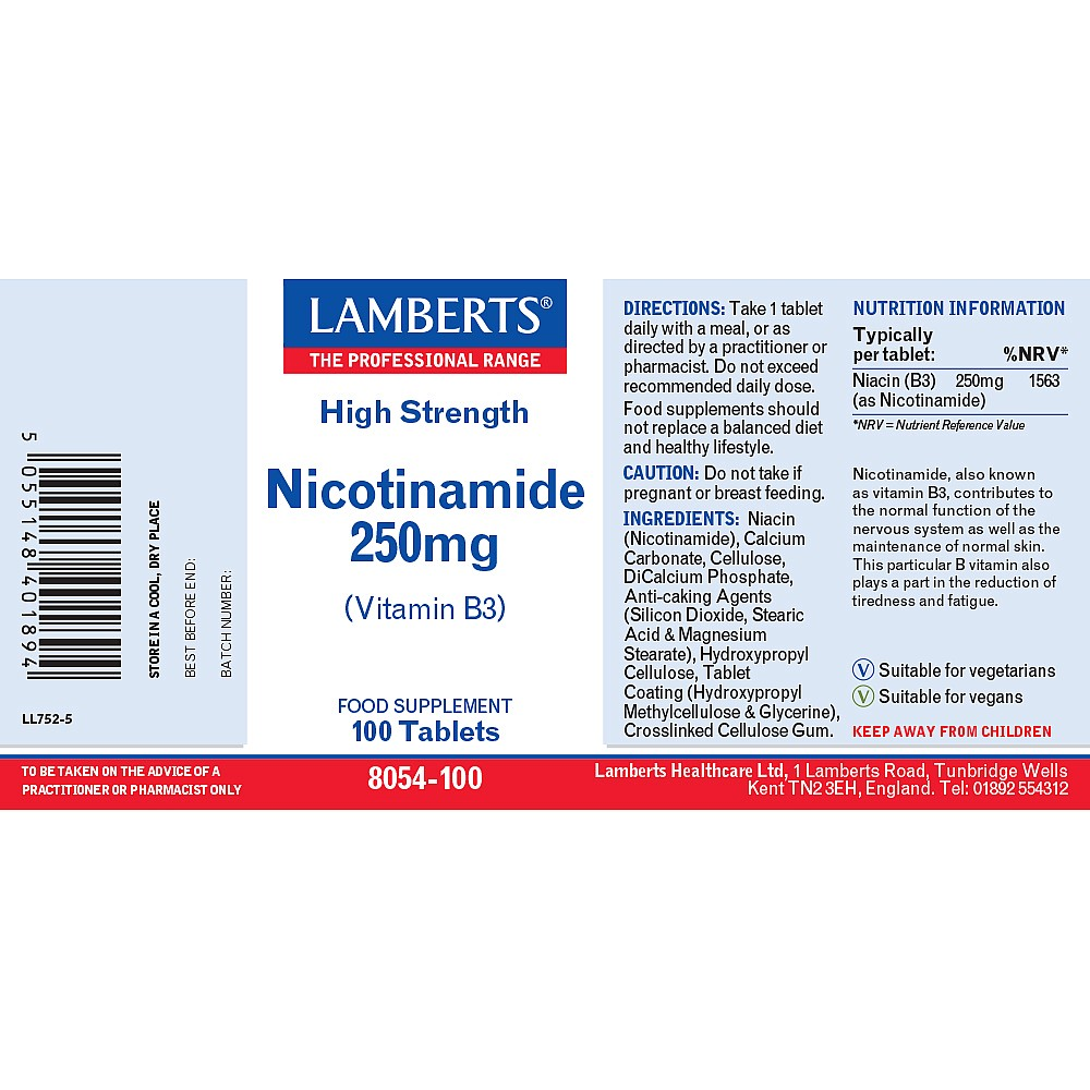 Lamberts Nicotinamide 250mg - 100 tablets - Vitamin B3