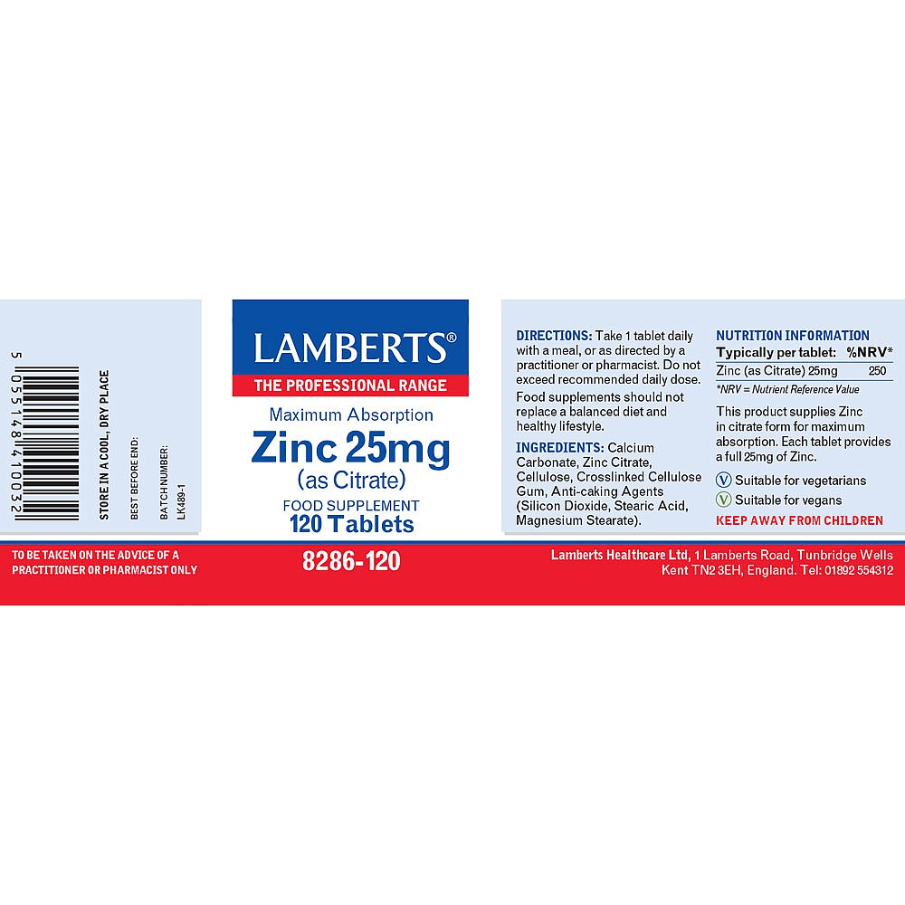 Lamberts Zinc 25mg (as Citrate) 120 Tablets