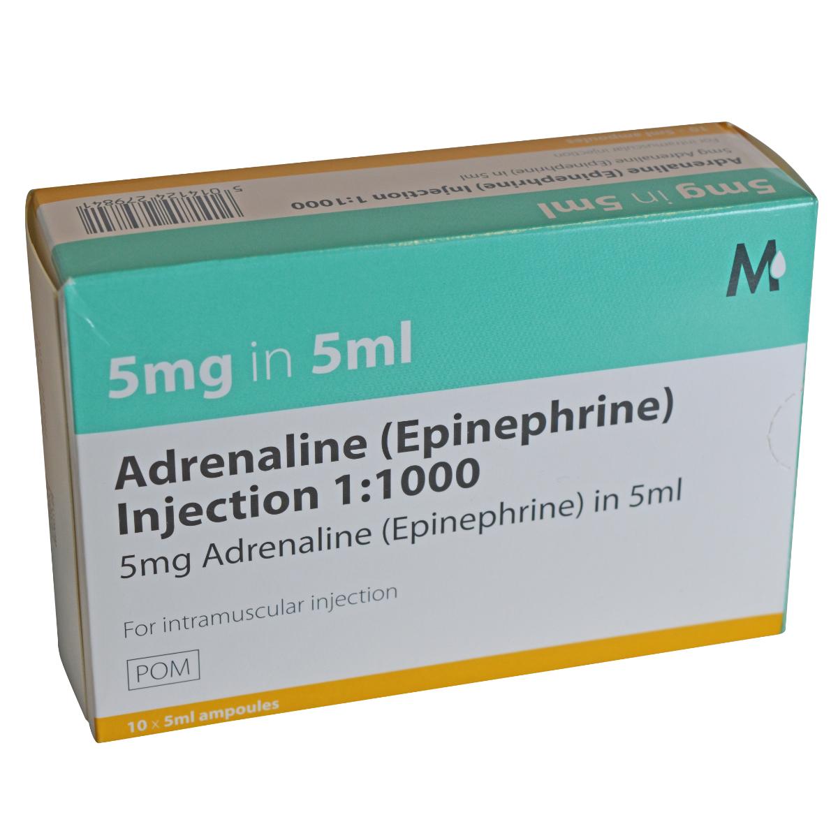 ADRENALINE INJ 1-1000 (1MG/ML) 5ML (10)